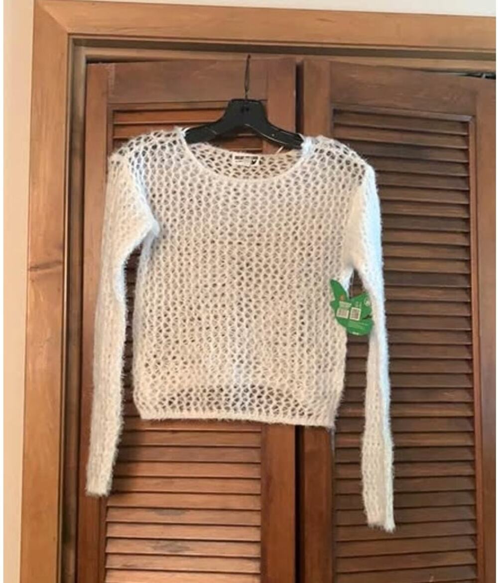 Selena Gomez Juniors XS White Open Knit Sweater Sheer Fuzzy Long Sleeve NWT